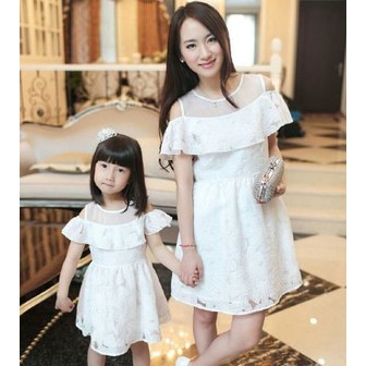 Dress Party Couple mama anak perempuan dres pasangan putih ibu gaun