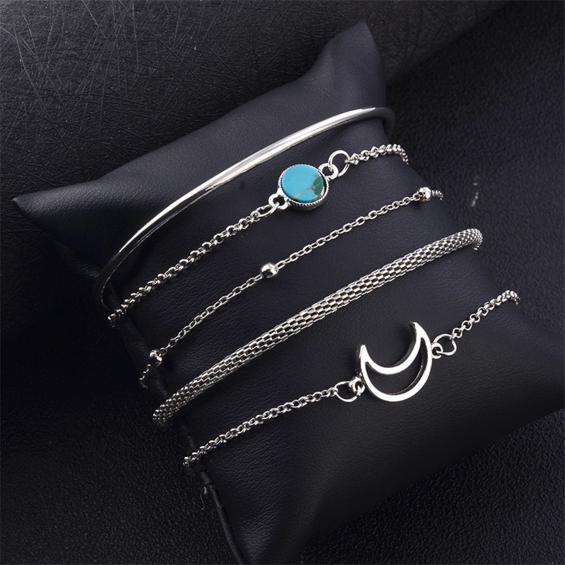 5pcs / Set Gelang Rantai Ular Multilayer Bentuk Bulan Warna Silver Untuk Wanita