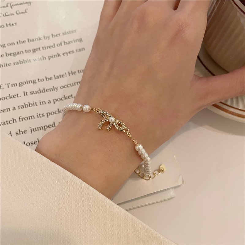 Summer Temperament Simple Bowknot Diamond Pearl Alloy Diamond Bracelet 210807