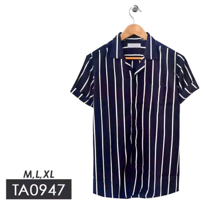 Kemeja salur Navy | Kemeja garis-garis pria | Kemeja lengan pendek