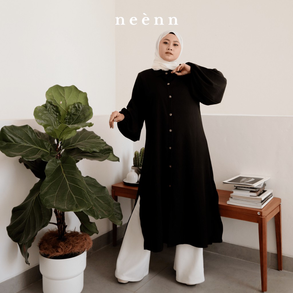 Baju Atasan Tunik - Neera Dress Black Hitam Sleeve Lengan Balon