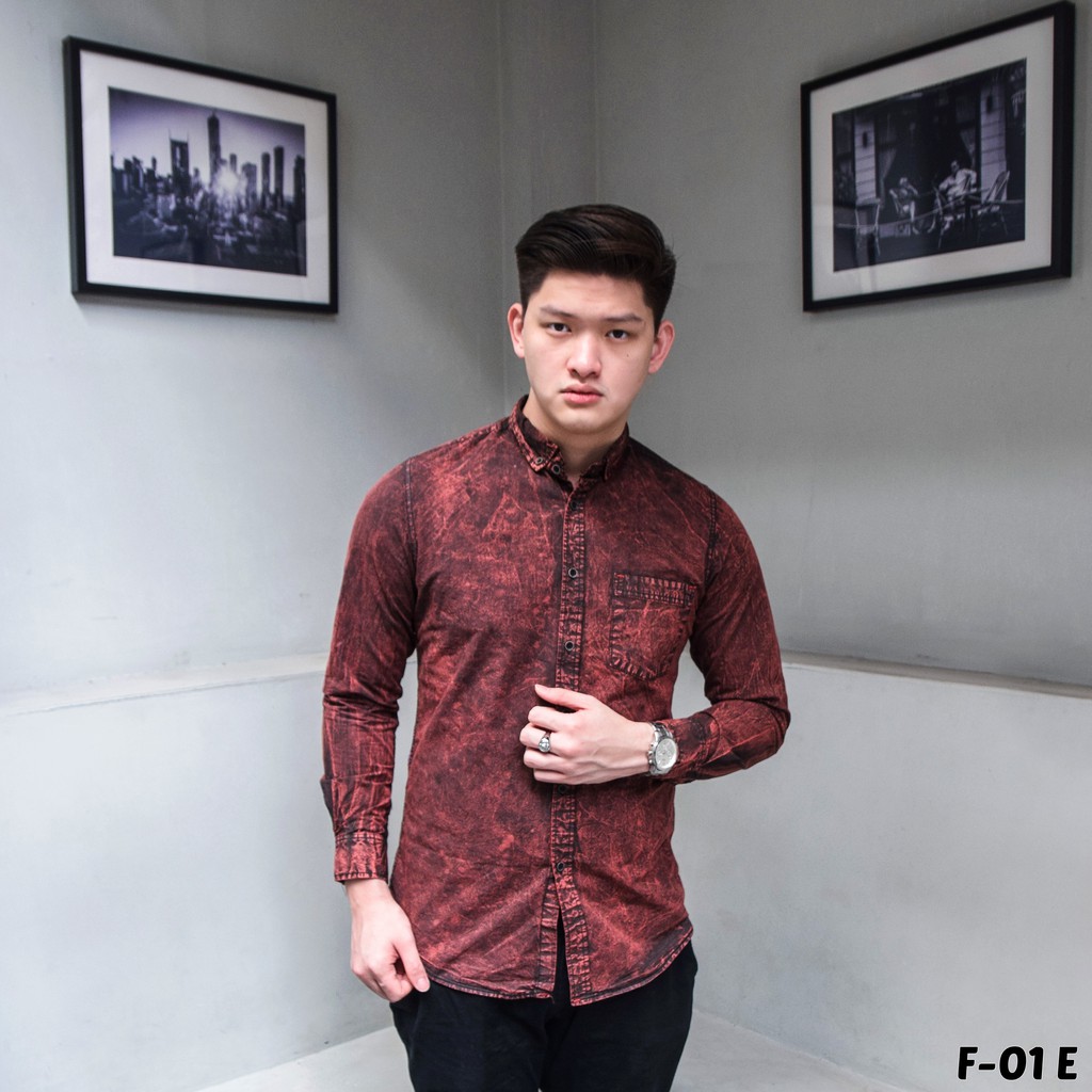 f2f F-01E Kemeja Jeans Denim Pria Lengan Panjang MAROON