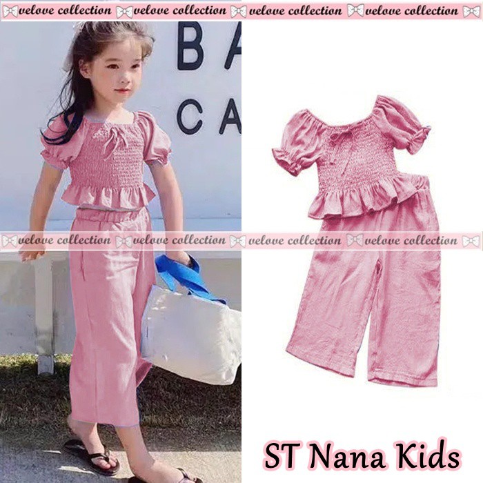 St Nana kids Setelan Chaca Kiddy Sabrina Kerut / Sabrina Serut Anak / Atasan Anak Perempuan / Blouse Korean Style + Celana denim setelan anak usia 3-5tahun