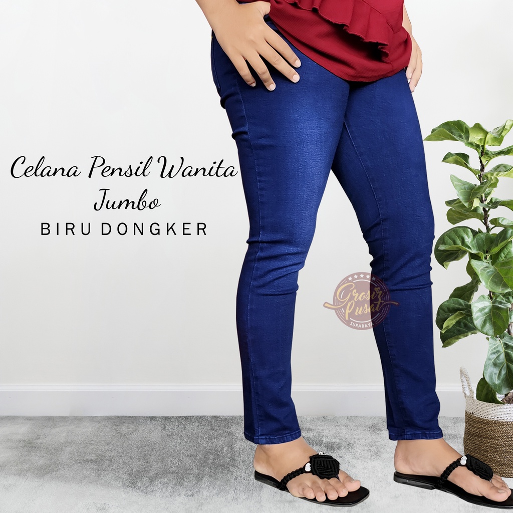 Celana Jeans Pensil Skinny Wanita Jumbo Biru Dongker 35 - 38