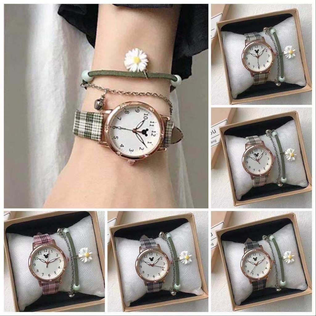 ✅Grosir Jam Senen -  Jam Tangan Analog Wanita Strap Pu Kotak-Kotak Motif Mickey Gaya Korea Fashion Import