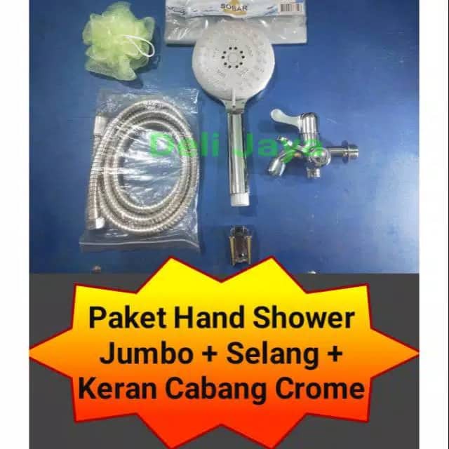 Paket Shower Jumbo selang dan Kran Cabang Nikel Tebal