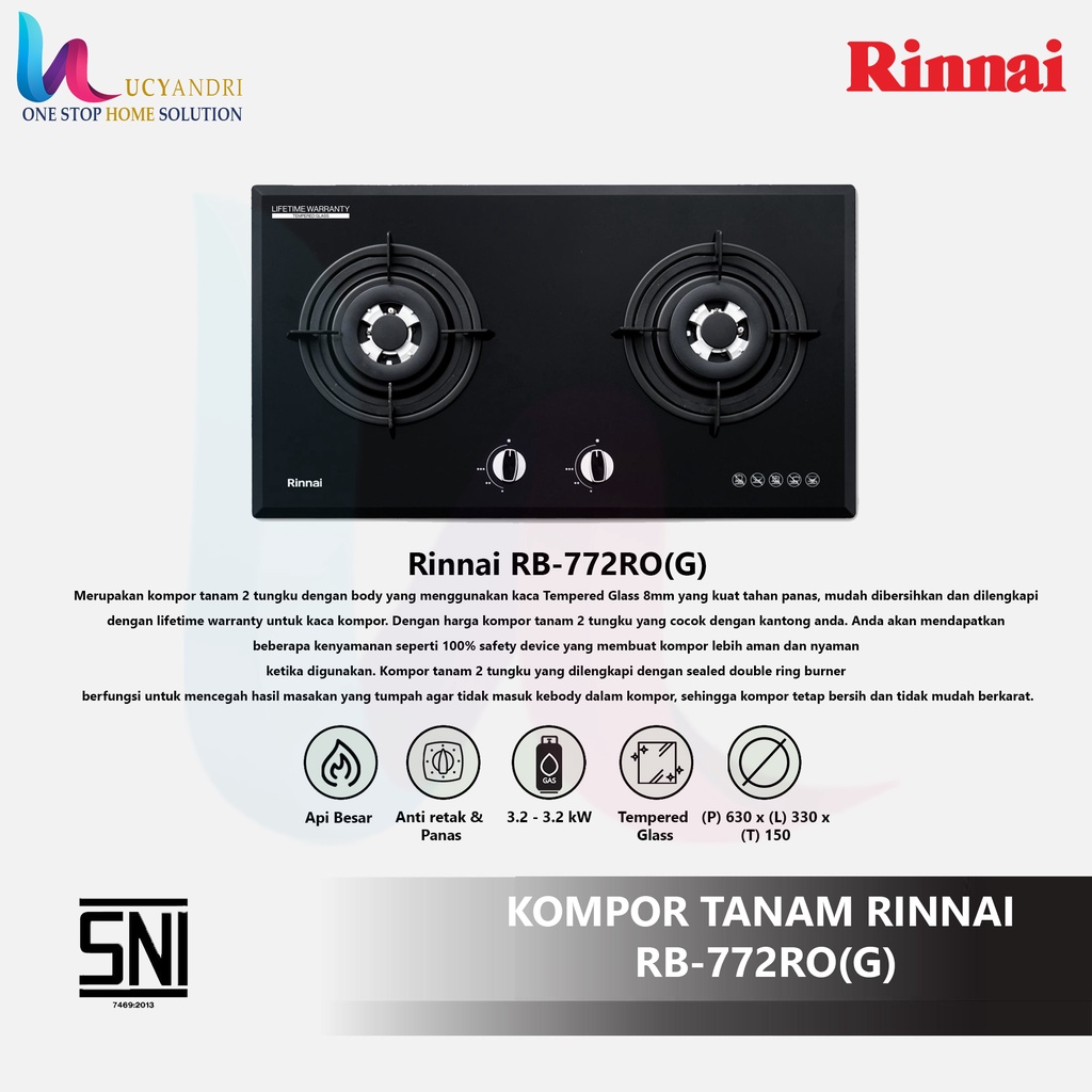 Built-in Gas Hob Rinnai Kompor Gas Tanam 2 Tungku Rinnai RB-772 RO (G)
