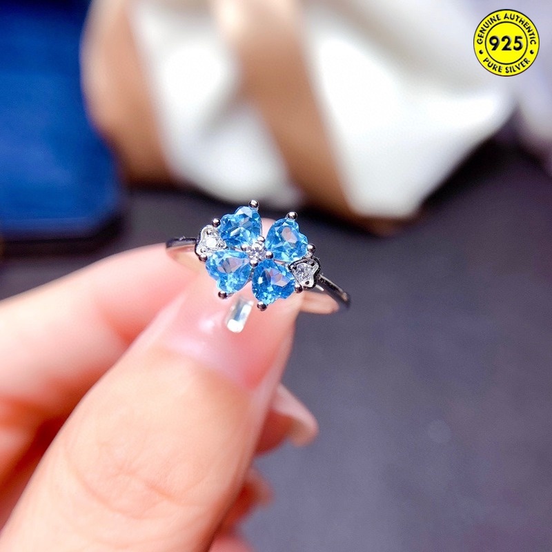 Cincin Wanita Model Terbuka Bentuk Clover Dengan Batu Topaz Biru Muda