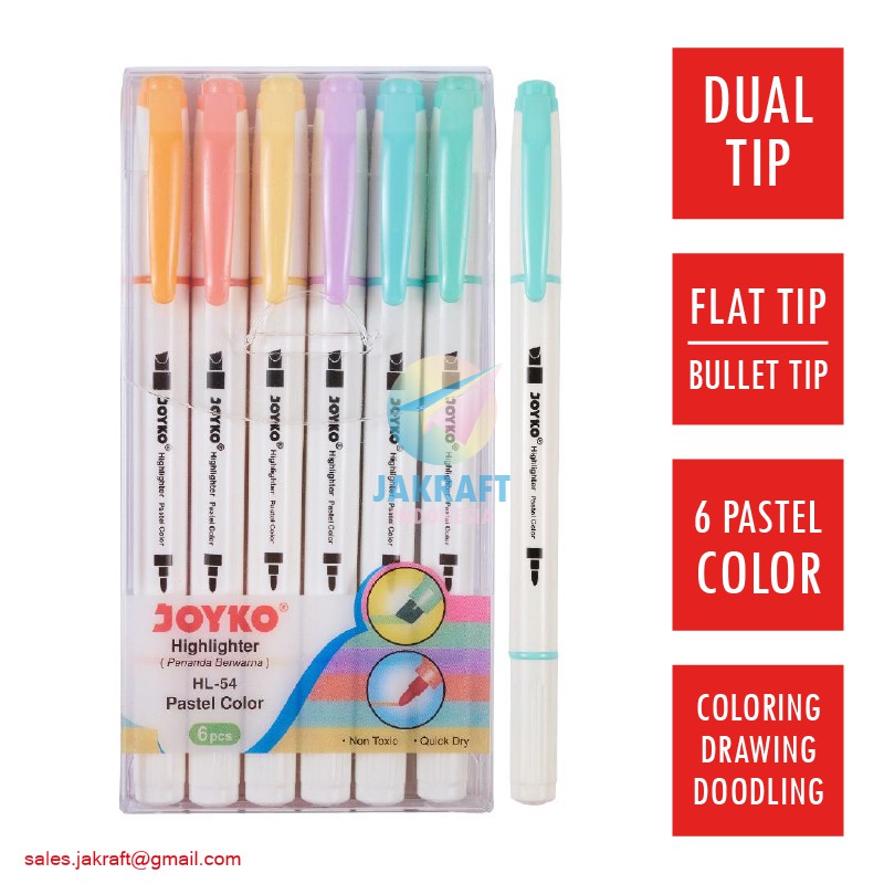 

(6 Pcs) Spidol Highlighter Marker Pastel 6 Warna 2 in 1 JOYKO HL-54 Dual Tip