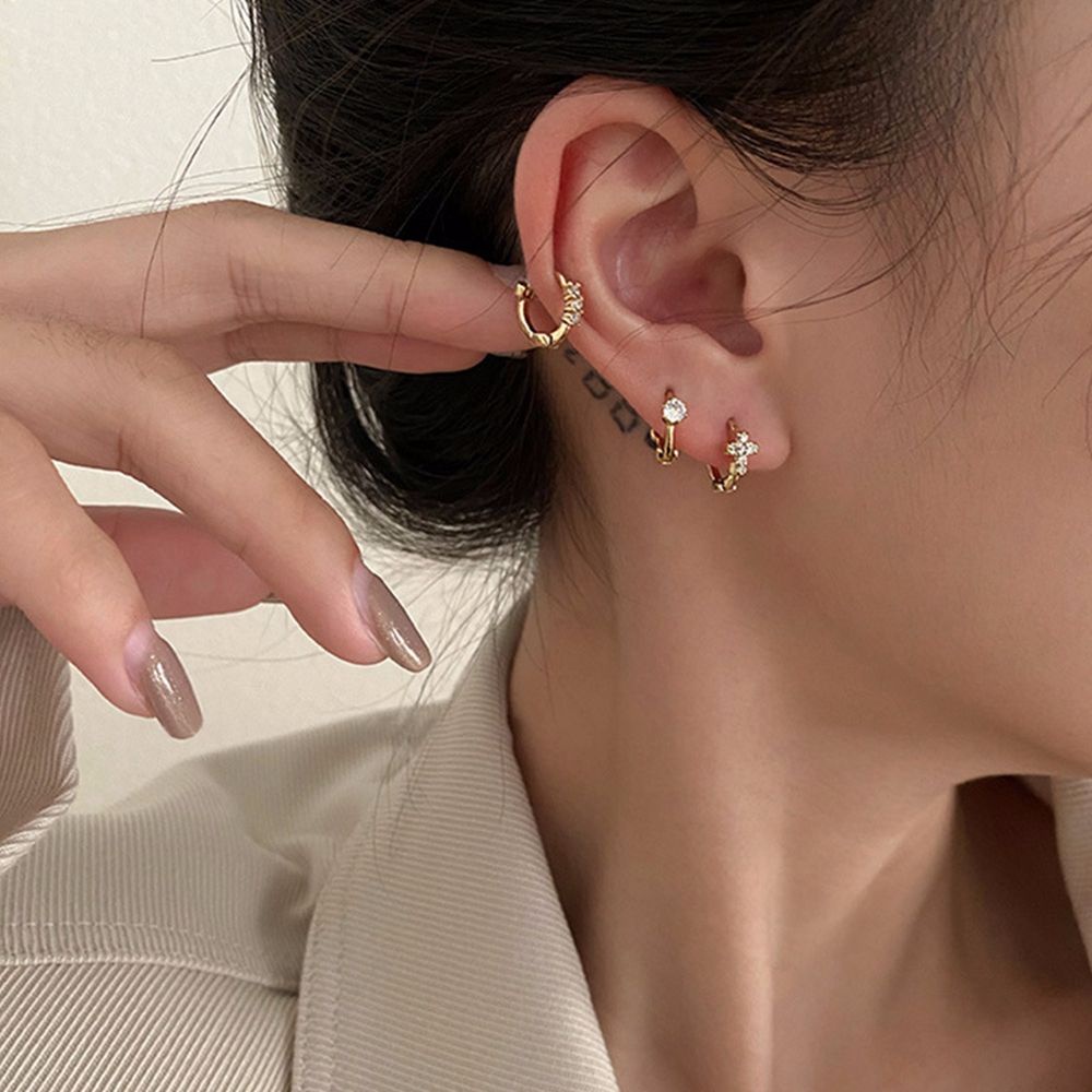 Needway  Korean Circle Ear Buckles Simple Cross Ear studs Rhinestone Hoop Earrings Women Round Shape Elegant Sweet Geometric Exquisite Fashion Jewelry