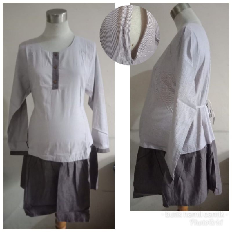 Kemeja hem baju tunik Hamil katun kerja kantor menyusui strip loreng kecil katun 100% kode 4435
