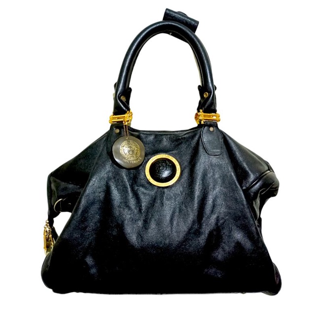 GIANNI VERSACE Vintage Black Leather Large Shoulder bag tas wanita preloved
