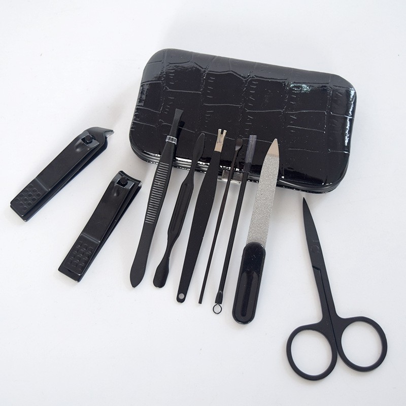 BA 07 SET Dompet Gunting kuku Menicure Pedicure 9 Pcs Premium Hitam