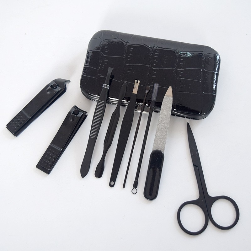 BA 07 SET Dompet Gunting kuku Menicure Pedicure 9 Pcs Premium Hitam