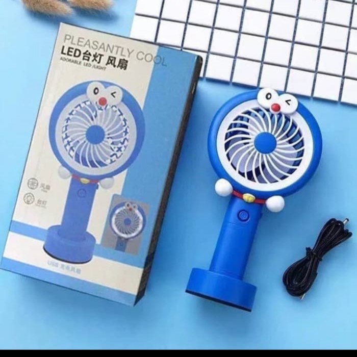 kipas angin standing portable karakter led lampu serbaguna mini fan - Biru