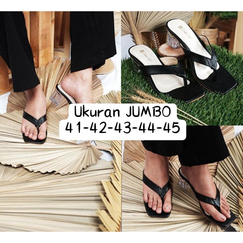 Original, Higheels Hak Kaca Wanita Big Size 41-45 / Heels Jepit Slop Kaca Kasual Simpel Hitam, 41 JUMBO