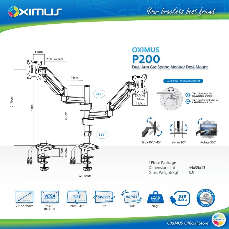 BRACKET MONITOR GAS SPRING OXIMUS P200 TILT SWIVEL ROTATE USB 3.0 x2