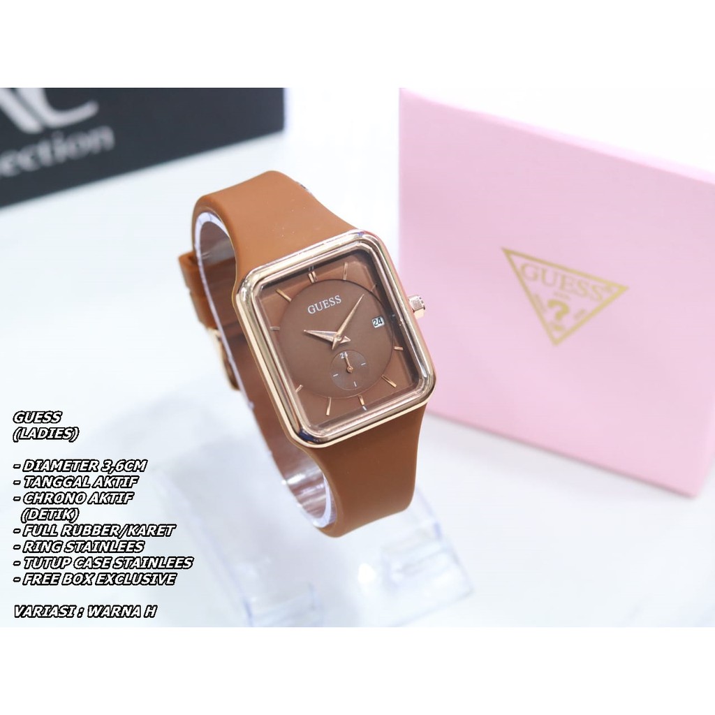 JAM TANGAN WANITA GUESS TALI RUBBER BODY SEGI TANGGAL &amp; CHRONO AKTIF