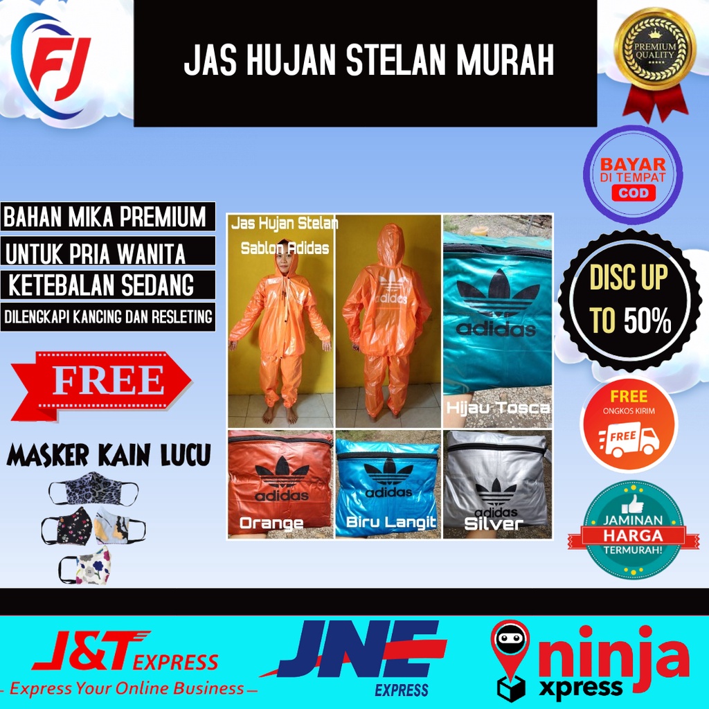 Jas Hujan Motor Setelan Pria wanita Murah Sablon Adidas free masker kain 2ply motif bunga/macan/rain