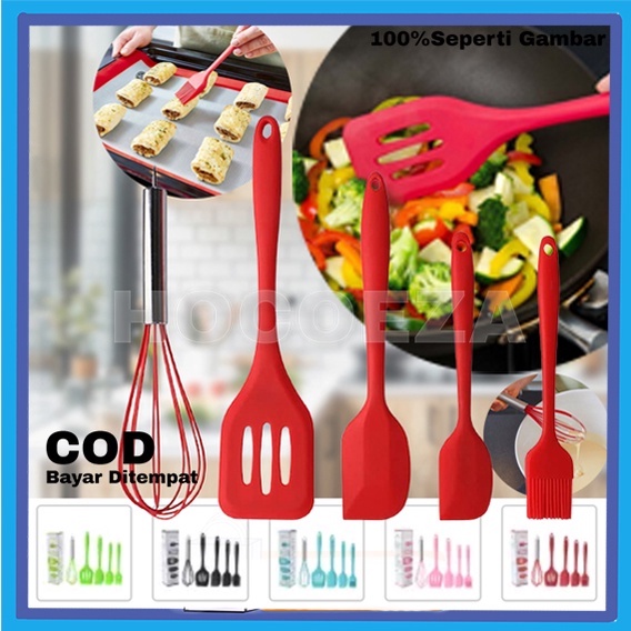 PERALATAN MASAK 5IN 1 SPATULA PENGOCOK KUAS SCRAPER BESAR KECIL Silicone Utensil SET ORIGANAL VA24