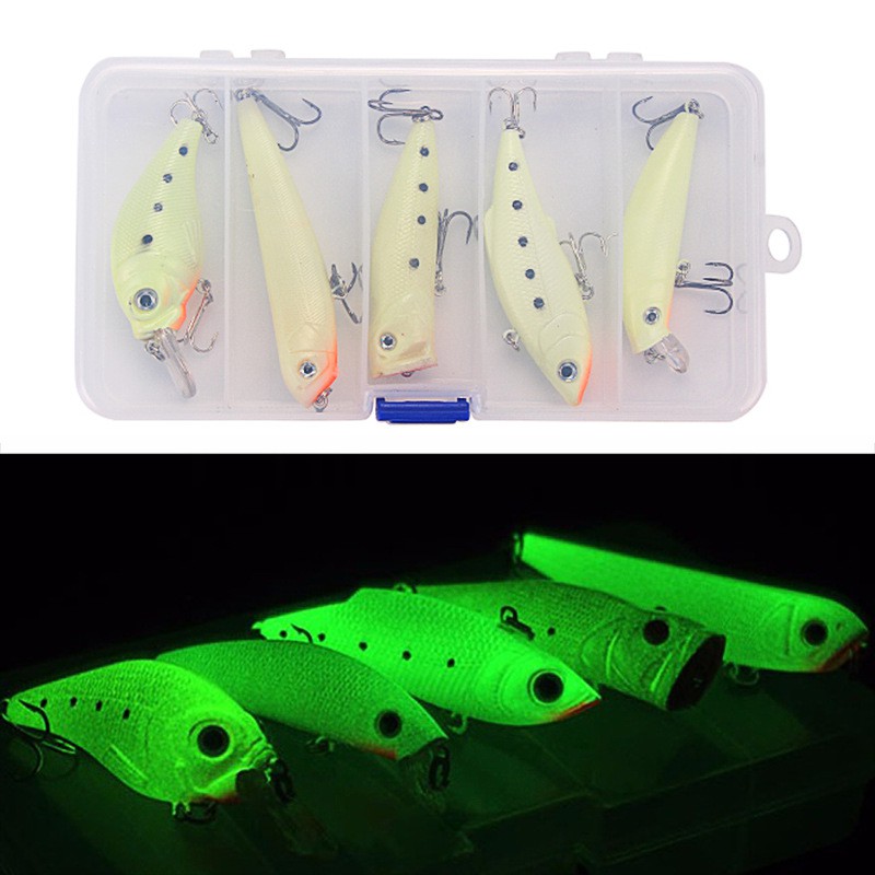 5Pcs Boxed Luminous Minnow Umpan Pancing VIB/Pencil/Popper/Crankbait Fishing Lures Swimbait Topwater Ikan Kail Memancing Tackle