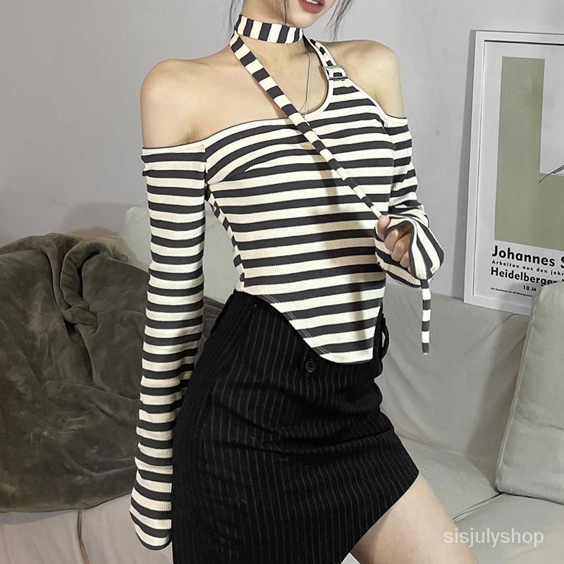 #Sisjuly# Wanita Retro Striped Splicing Fashion Atasan Pendek Wanita Off Shoulder Halter Kaos Rampin