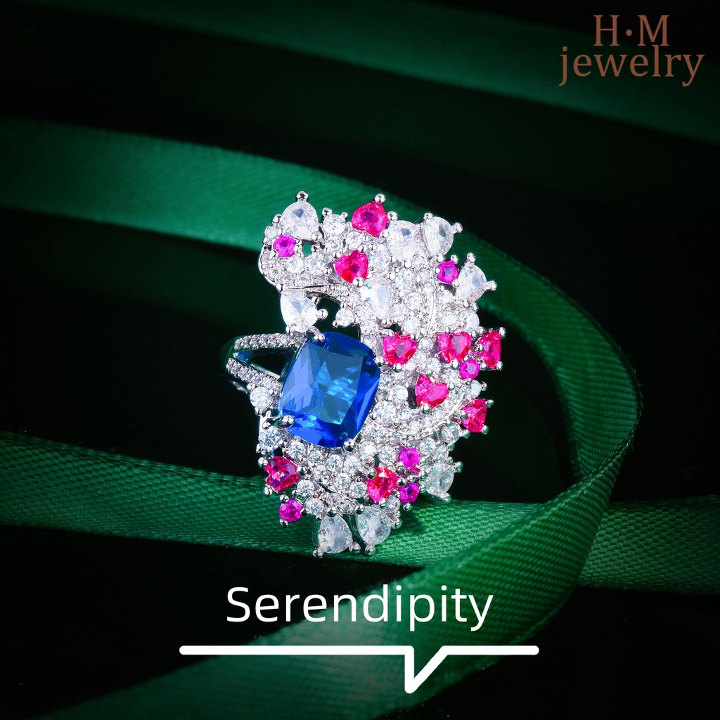Cincin Model Terbuka Bentuk Bunga Hati Aksen Berlian Tanzanite