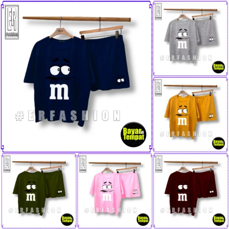 ERFASHION Set Wanita Setelan Baju Tidur Kaos & Celana Pendek MM / Satu Setel Kaos & Celana Pendek