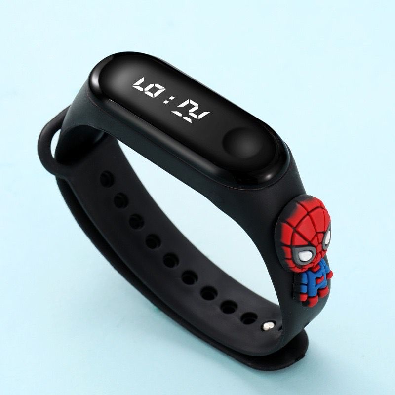 Dennos LD8  kartun Jam Tangan Gelang Couple Anak IP67 IPx4 SUPER HERO MARVEL Led Motif Mickey Pikachu Silikon Tahan Air-HITAM SPIDERMAN