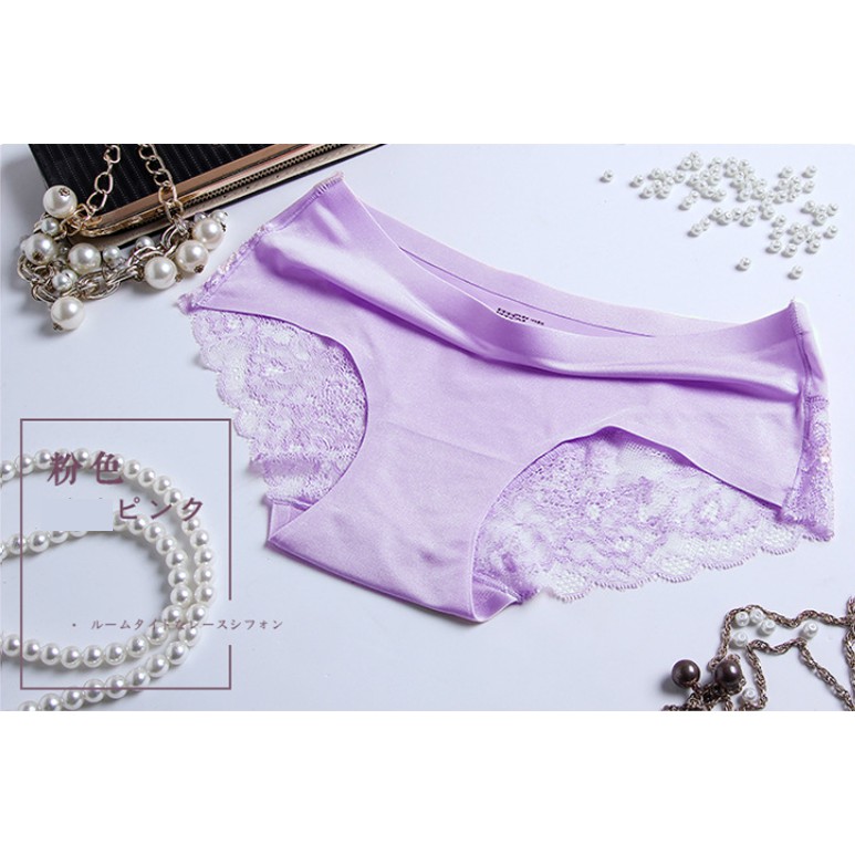 - BISA COD - PREMIUM QUALITY Celana Dalam Wanita Women Panties Renda Lace Sutra Silk Seamless Sexy-Ungu Muda