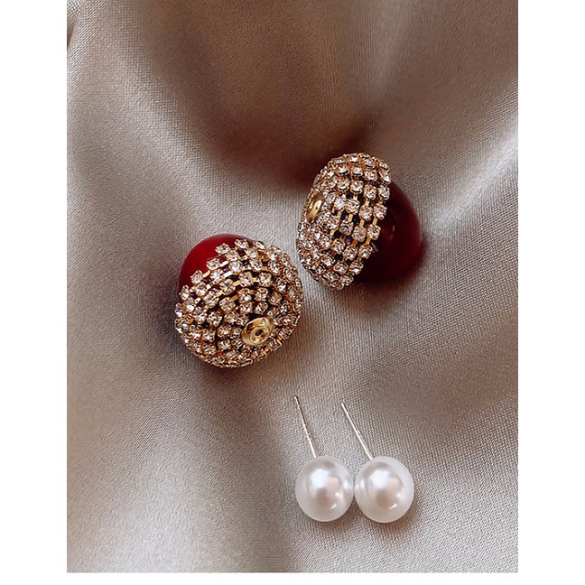 LRC Anting Tusuk Fashion Red Cherries Diamonds And Pearl Alloy V13566