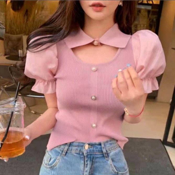 7213 Baju atasan blouse lengan balon pendek rajut knit Korean style wanita import baju atasan blouse