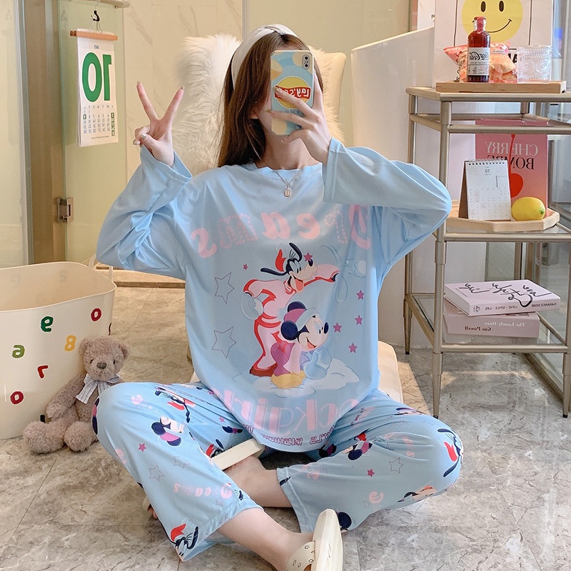 Setelan Piyama Oversize Bahan katun Adem Lengan Panjang Setelan Baju Tidur Wanita Oversize Piyama Pakaian Tidur Wanita Set Piyama Wanita Dewasa Motif Imut Karakter Kartun-Blue Goofy