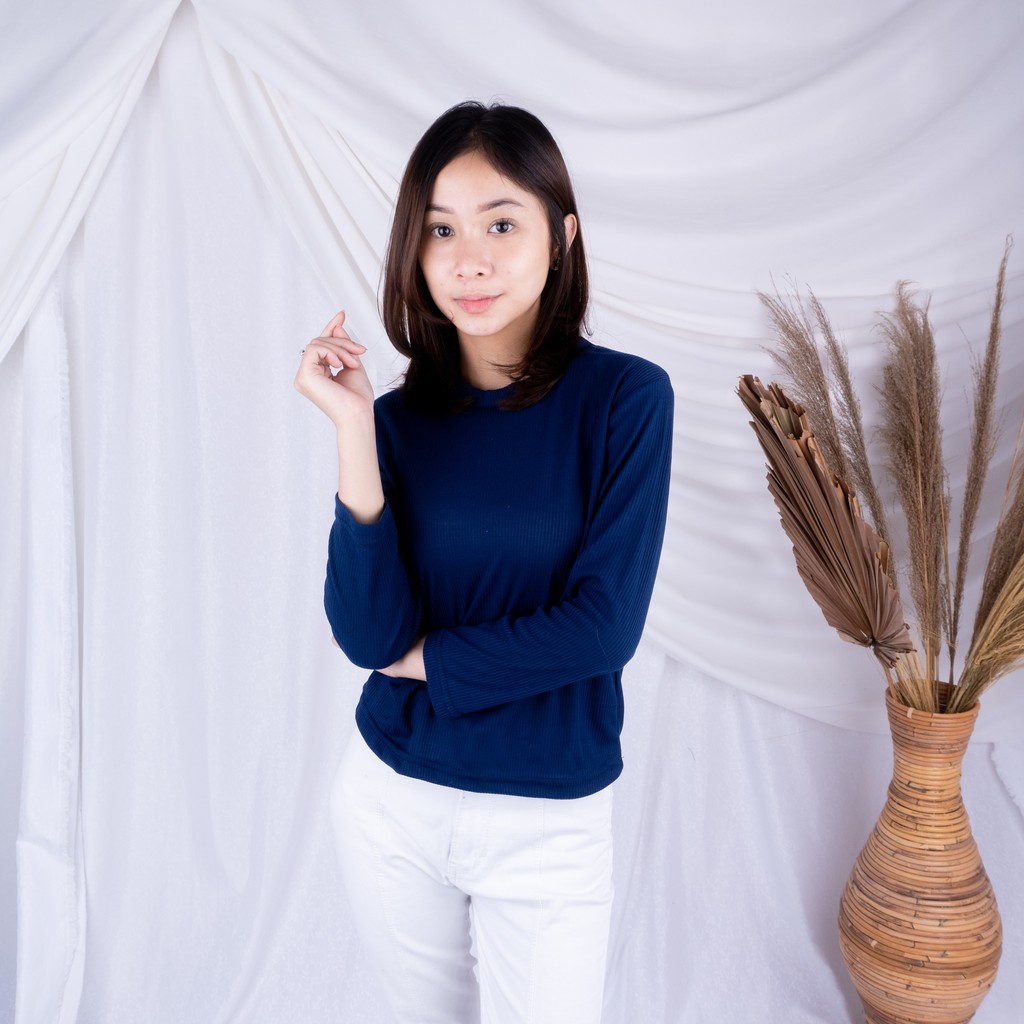 Kally RIB  - Longsleeve Rib Basic Sweater Premium Baju Lengan Panjang Wanita-NAVY