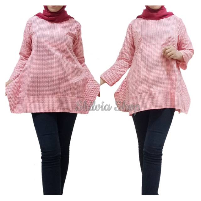 Bisa COD Tunik Hijabers Modis Unik Model Asimetris Bahan Katun Motif Kotak-kotak Warna Merah