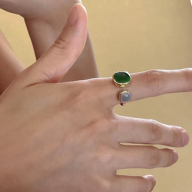 Cincin Bentuk Geometris Drop Glaze Model Rongga Warna Hijau Abu-Abu Gaya Vintage Korea Untuk Wanita