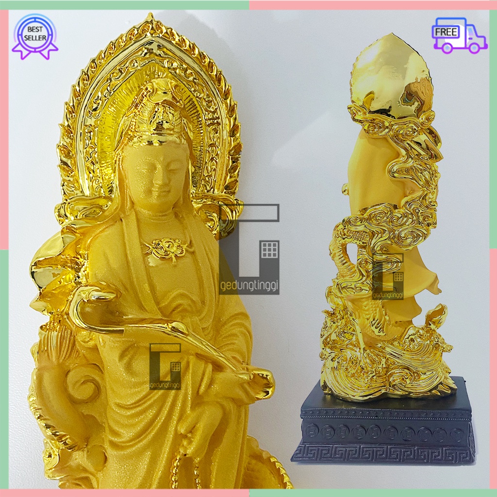 Hiasan Pajangan Patung Dekorasi Kado Hadiah Puja Suci Meja Altar Sembahyang Sembayang Dewi Dewa Mak Kwan Im Kwanim Kwan Im Kuan Im Guan Yin Rupang Welas Asih Belas Kasih Menaiki Naik Naga Liong Menyeberang Air Laut Gold Emas Budha Buddha Resin