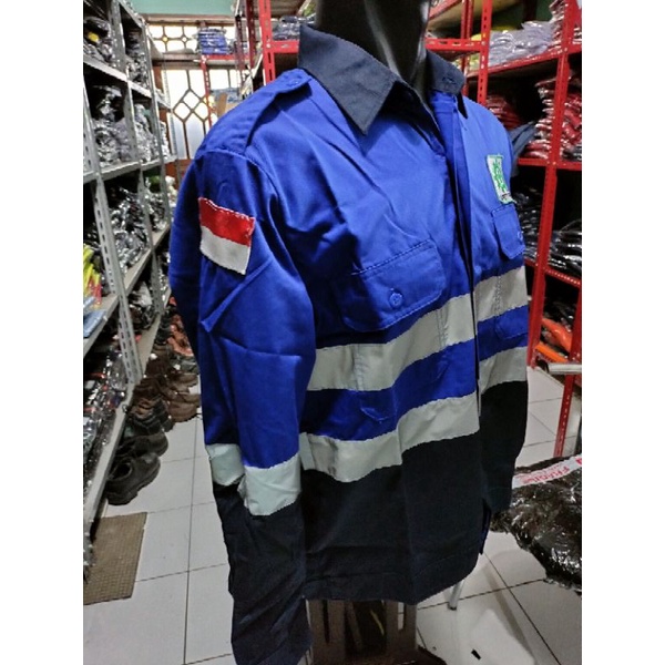 SERAGAM BAJU SAFETY BIRU KOMBINASI DONGKER KANCING BAHAN PREMIUM