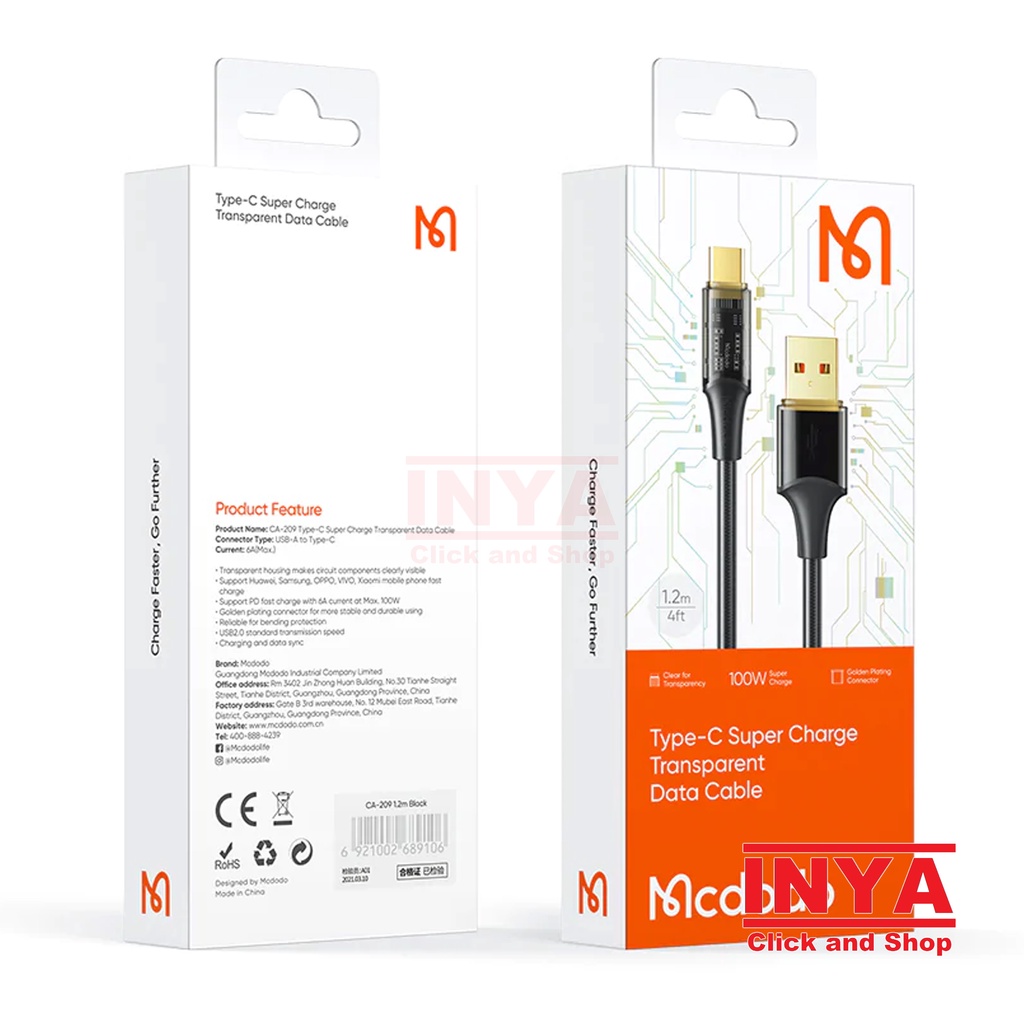 KABEL DATA TYPE C MCDODO TRANSPARENT DATA CABLE SUPER CHARGE TYPE-C 1.2m