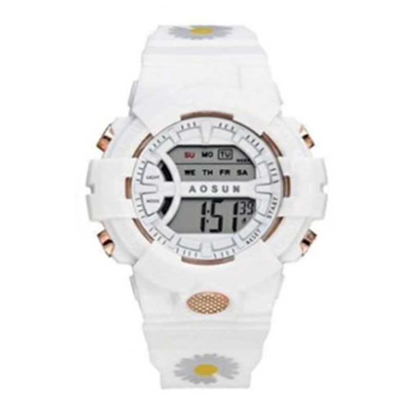 [COD] Jam Tangan Rubber Digital Sport Bulat Wanita Dan Pria Fashion Gaya Korea Import-44-9 Putih bunga