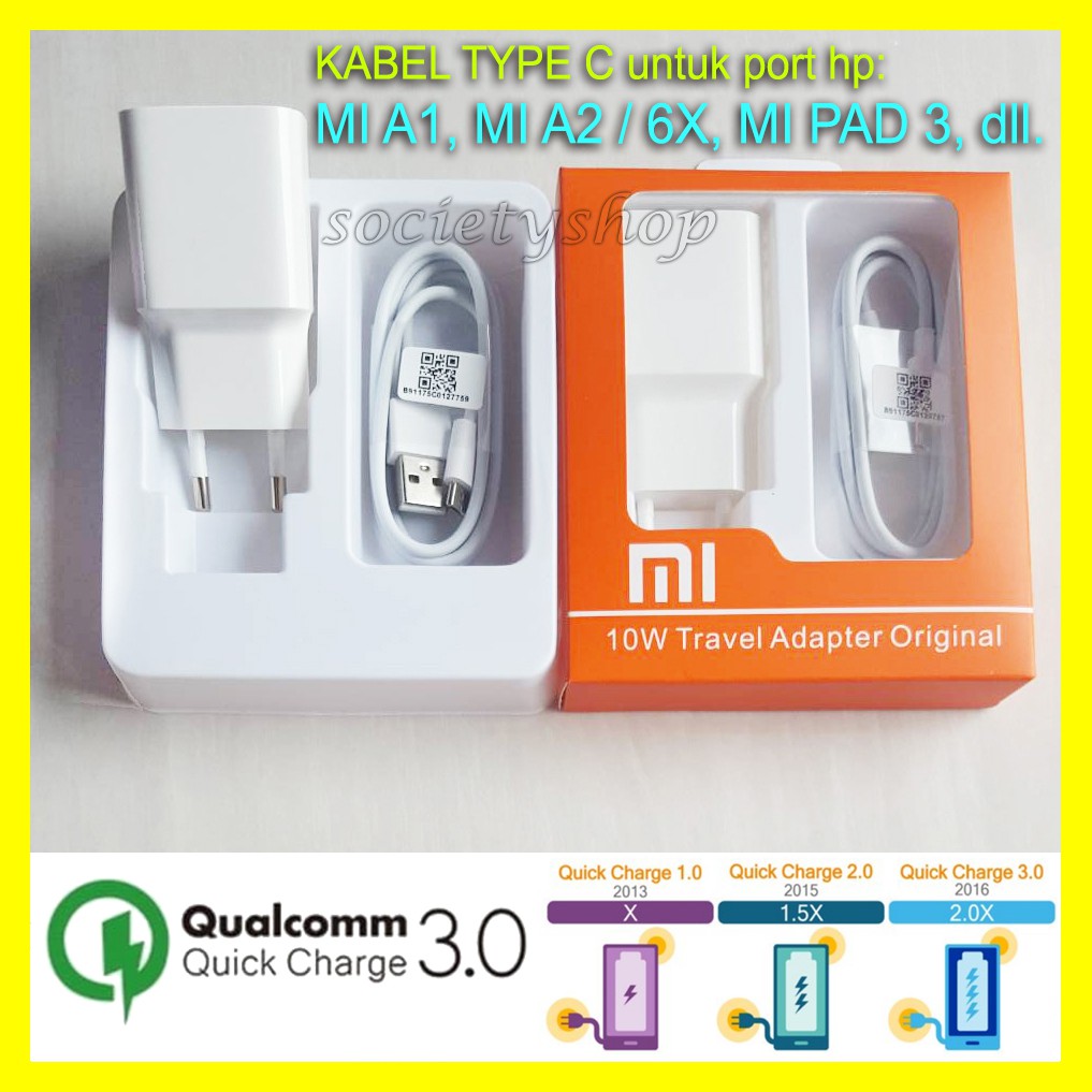 Charger Type C Xiaomi Mi A1 A2 6X Pad 3 -Carger Casan Chasan Putih white Hp Tipe Xiomi Note Charging