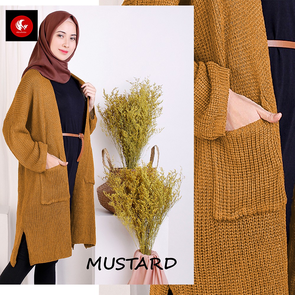 OKECHUKU Lavella Long Cardigan Wanita Outer Wanita Cardigan Rajut Oversize-Mustard