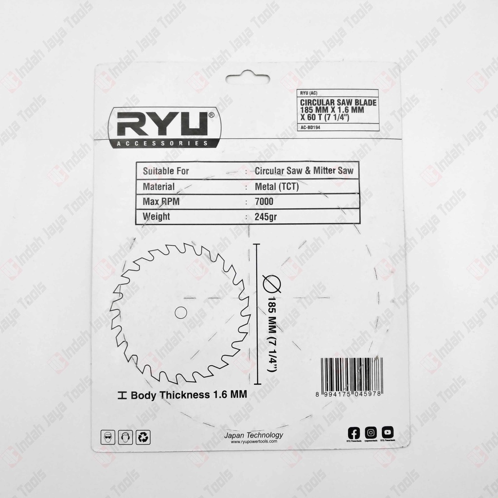 RYU 7 X 60T Circular Saw Blade - Mata Pisau Potong Gergaji Kayu Wood