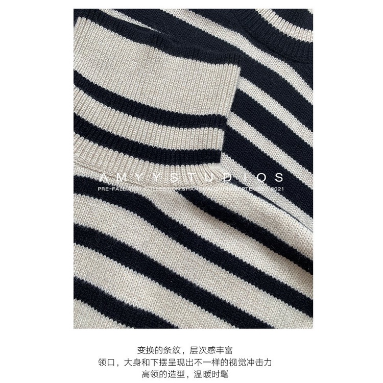 #Sisjuly# Jaket Pullover Rajut Longgar Wanita Bergaris Turtleneck Baru