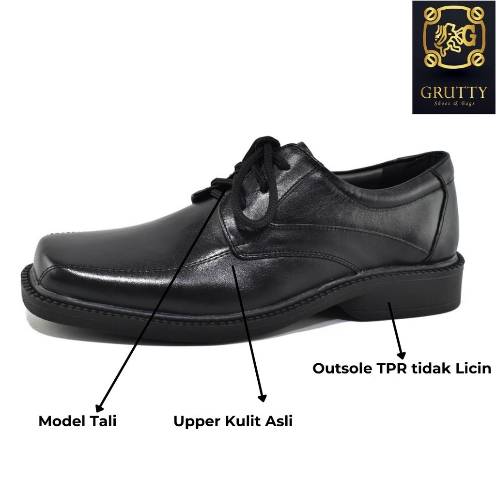 Sepatu Pria Pantopel Kerja Kantor Formal Model Tali Grutty Hitam Kulit Asli