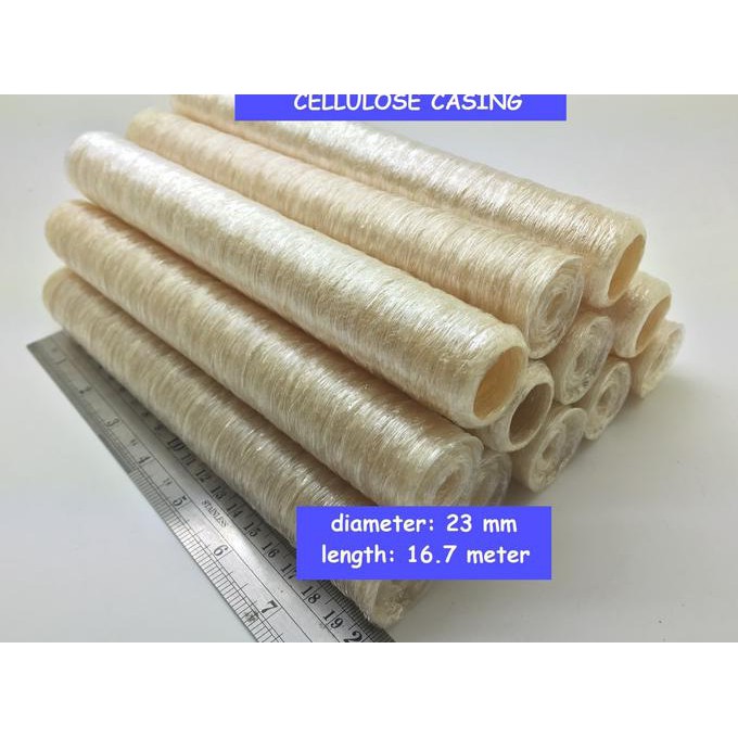 

ENAK Casing Sosis/Kulit Sosis Selulosa Panjang 16.7m diameter 23mm HALAL BANYAK RASA