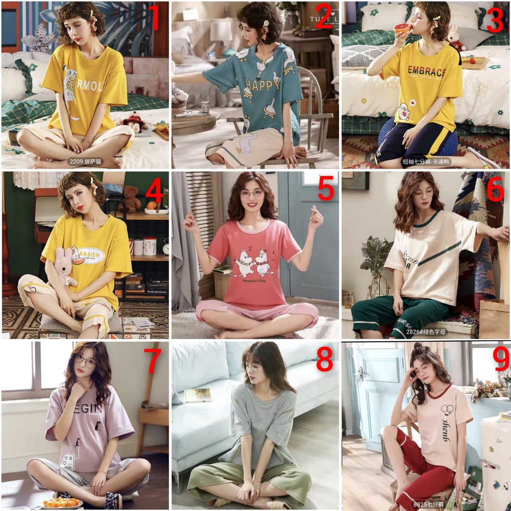 Baju tidur piyama bahan kaos import celana7/8