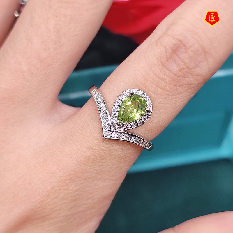 [Ready Stock]Natural Blue Topaz Olivine Crown Ring