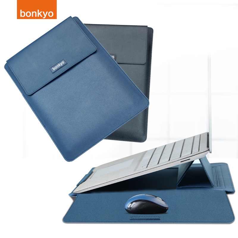 Bonkyo 13 - 14 Inch Case Stand Sleeve PREMIUM PU LEATHER Kulit MACBOOK Air Sarung Skin LAPTOP