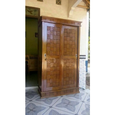lemari pakaian minimalis sleding ukir pintu 2 kayu jati furniture jepara